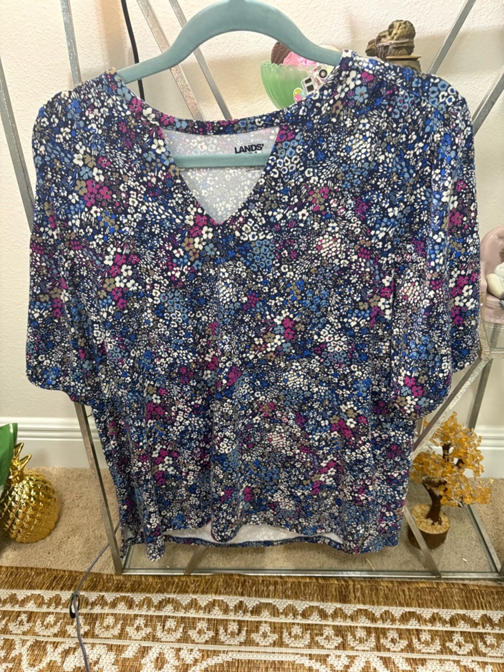 Lands End womens short sleeve v-neck floral t-shirt blue pink white sx LG 14-16